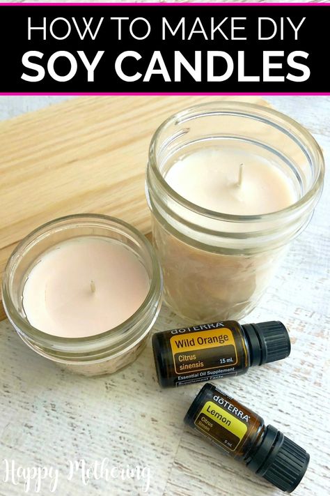 Learn how to make DIY soy wax candles in this easy tutorial. Making affordable homemade candles in mason jars is fun and you can scent them with essential oils. #candles #candlemaking #diycandles #homemadecandles #essentialoils #essentialoiluses #soywax #soywaxcandles #soycandles #essentialoilrecipes #homemaking #homefragrance #diyprojects #diy #howto #adultcrafts #makeyourown #makeityourself #giftideas #homemadegifts Soy Wax Candle Recipe Essential Oils, How To Make Soy Candles Essential Oils, Soya Candle Making, Diy Soy Candles Scented Recipes, Candle Making With Essential Oils, Soya Candle Diy, Homemade Soy Candles Diy, Making Soy Candles With Essential Oils, How To Make Candles With Essential Oils