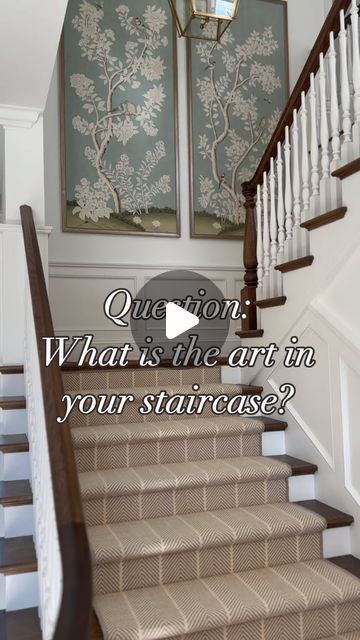 Lauren Syrowik on Instagram: "Definitely my MOST asked question! What is the art in your stairway? Once the drywall in our home went up, I knew this wall needed something… BIG. I thought about a mirror, meh. And then I remembered a photo I had saved of @graciestudio panels lining a curved staircase. I knew that was it! I reached out to the NYC office, and worked with @georgiapbrumback. I had a fairly clear idea of what I wanted: -Hampton Garden colorway -Classic panel size at 3’ x 6’9” (I made a sketch of the wall to figure out the best size) -Birds, flowers, other special details I wanted to include (which I sent pictures of!) From there, the panels were sketched, and I did some editing. Once I approved, production began. The entire process took about four months. Ultimately, I chose Lauren Syrowik, Staircase Artwork, Hampton Garden, Nyc Office, Most Asked Questions, Curved Staircase, Something Big, Drywall, Go Up