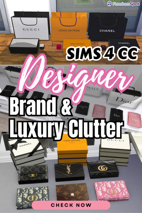 Custom branded designer clutter for your Sim's home & wardrobe! Peep the full CC list for downloads and ideas Sims4 Designer Clothes, Walmart Sims 4 Cc, Sims 4 Chanel Cc Decor, Free Sims 4 Cc Clutter, Sims 4 Cc Expensive Furniture, Sims 4 Fashion Clutter, Sims 4 Display Case, Living Room Clutter Sims 4 Cc, Electronics Cc Sims 4