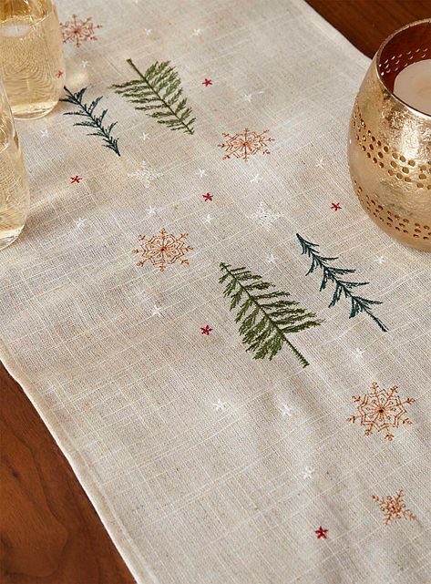 Forest celebration table runner 35 x 180 cm | Simons Maison | Centerpieces & Table Runners | Table Accessories | Simons Table Runner Embroidery, Runner Embroidery, Centerpieces Table, Table Runner Tutorial, Runners Table, Christmas Table Linen, Embroidered Table Runner, Babies Breath, Table Runner Pattern