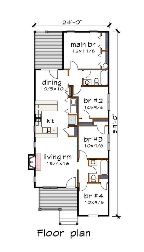 Bungalow Style House Plan - 4 Beds 2 Baths 1184 Sq/Ft Plan #79-309 - BuilderHousePlans.com Shotgun House Floor Plans, Accessible House Plans, Canadian House, Bungalow Style House, Bungalow Floor Plans, Shotgun House, Narrow Lot House Plans, Bungalow Style House Plans, Allison Ramsey