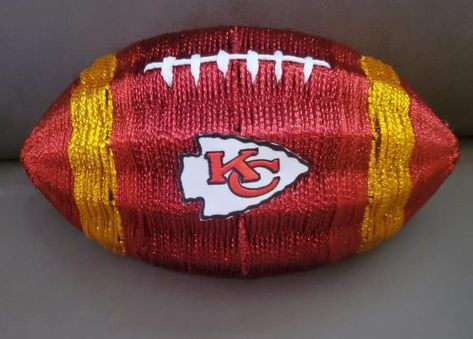 Football Dollar Tree Wreath, Kc Chiefs Wreath, Kansas City Chiefs Crafts Diy, Football Craft Ideas, Football Wreath Diy, Kansas City Chiefs Craft, Chiefs Crafts, Kc Cheifs, Superbowl Party Decorations