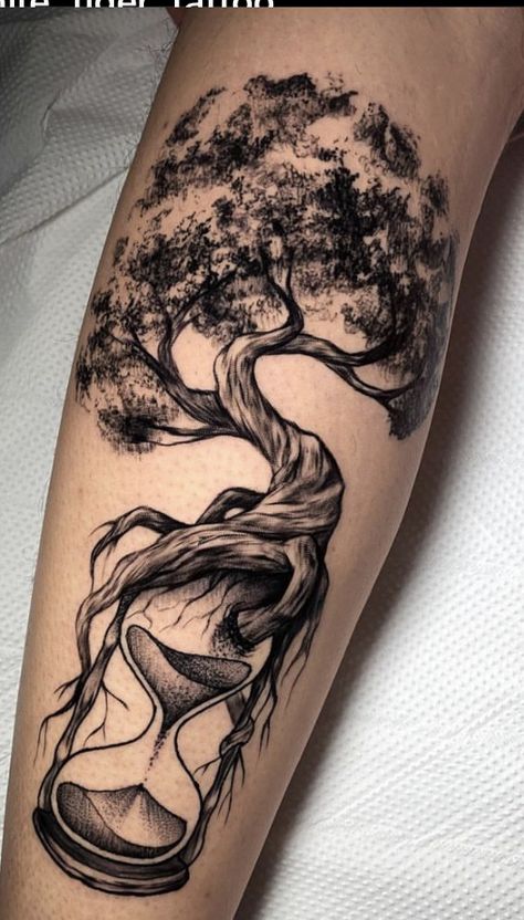 Tree Tattoo Designs Men Half Sleeves, Clock Tree Tattoo, Tree Clock Tattoo, Tree Sleeve Tattoo For Men, Hour Glass Tattoo Ideas Unique, Life Circle Tattoo, Dark Theme Tattoos, Family Tree Tattoo For Men, Tree Of Life Tattoo Men