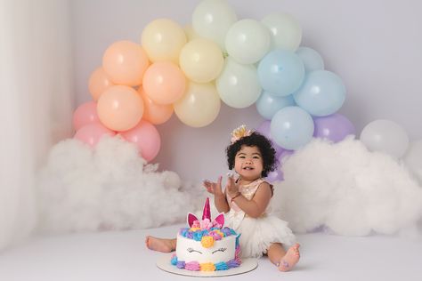 Cake Splash Photography, Cake Smash And Splash, Rainbow Smash Cake Photoshoot, Rainbow Birthday Photoshoot, Rainbow One Year Old Party, Cocomelon Photoshoot Ideas, Unicorn Birthday Photoshoot, Cake Smash Themes Girl, Birthday One Year Girl