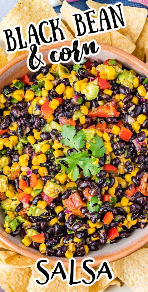 This easy black bean and corn salsa is a healthy and hearty side dish, salad, appetizer, or snack that is amazing when paired with grilled chicken or pork as a main dish, and equally perfect for a hearty but healthy dip appetizer for any party or game day! This simple but delicious blend of beans, corn, avocado, red pepper, jalapeño, and a fresh honey lime dressing makes this salsa so good that you might just add it to everything! Side Dish Salad, Black Bean And Corn Salsa, Mexican Black Beans, Black Bean Salad Recipe, Black Bean Corn Salsa, Grilled Lemon Chicken, Healthy Dip, Black Bean And Corn, Corn Avocado