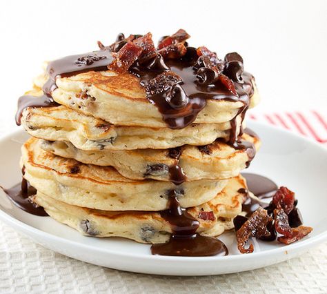 Chocolate Chip and Candied Bacon Pancakes with Nutella Maple Syrup Polenta Pancakes, Bacon Pancakes, Pancakes And Bacon, Chocolate Chip Pancakes, Candied Bacon, White Flour, Pancakes And Waffles, Meal Of The Day, Sweet Breakfast