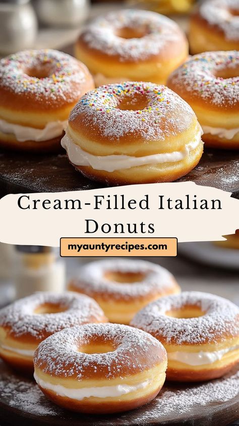 Experience the bliss of homemade Italian donuts filled with luscious cream. These fluffy, pillowy treats are perfect for any occasion, making them a delightful dessert that will leave everyone wanting more. Indulge in a taste of Italy with every bite! Italian Desserts For A Crowd, Italian Macaroons, Italian Pastry Recipes, Bomboloni Recipe, Donuts Filled, Italian Finger Foods, Desserts Italian, Authentic Italian Desserts, Italian Donuts