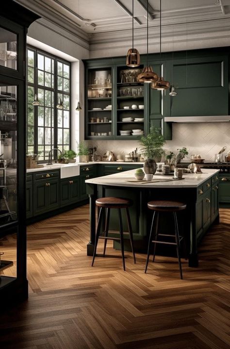 Green Marble And Walnut Interior, Cozy British Home, Tudor Style Homes Interior Kitchen, Viridian Kitchen, Dark Green House Aesthetic, Dark Green And Gold Kitchen, Dark Green Kitchens, Dark Green Interior Design, House Magic