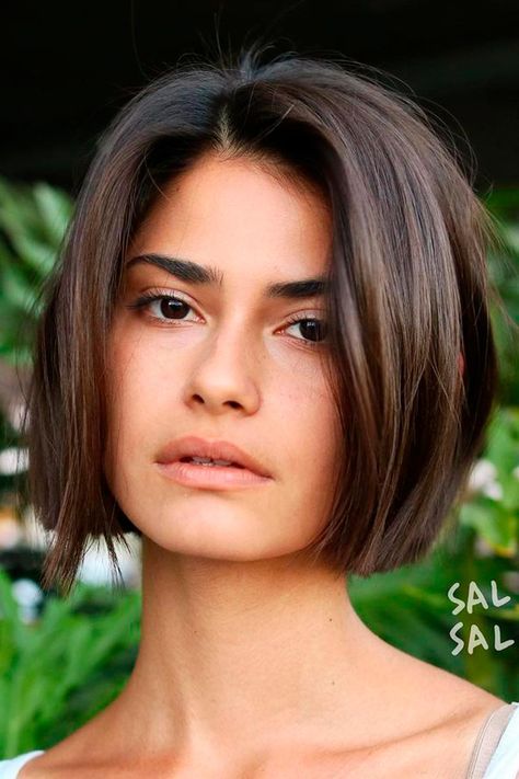 Short Straight Dark Layered Hair Bob Cut Dark Brown Short Fine Hair, Women Haircut Short Straight, Brunette Bobs For Thick Hair, Strait Short Hair Haircuts, Balayage For Dark Brown Hair Short Bob, Long Bob Dark Brown Hair Straight, Sleek Dark Bob, Short Bob One Length, Dark Short Bob Hairstyles