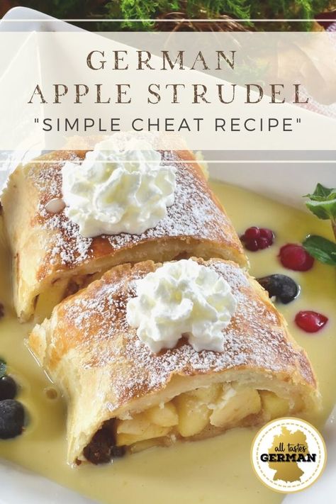 Authentic German apple strudel is quite a bit of work but with this cheat recipe you can save a lot of time and still enjoy the taste of homemade delicious apple strudel. Strudels Recipe, German Apple Kuchen, Authentic German Recipes Desserts, Authentic German Apple Strudel Recipe, Homemade Strudel Recipes, Apple Strudel Recipe Germany, Streudel Recipe Germany, German Pastries Recipes, Reformation Day Party Food