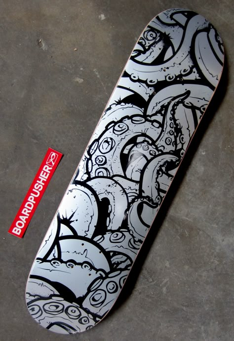 Today’s Featured Deck is a customizable tentacle background designed by Artur Wosko of www.selfinflatable.net. This one was created using the silver base option. Check out more of Artie’s graphics s at www.BoardPusher.com/shop/selfinflatable or get to choosing a background and designing your own deck at www.BoardPusher.com/custom/skateboard-designer. Custom Painted Skateboard Decks, Cool Skateboards Designs Ideas, Skate Deck Art Ideas, Skateboard Art Ideas, Skateboard Deck Ideas, Skateboard Deck Design Ideas, Skateboard Ideas Design, Skateboard Decks Art, Cool Skateboards Designs