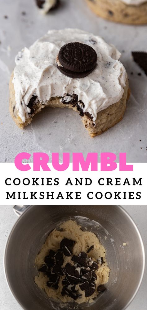 Crumbl Cookie Copycat Oreo Milkshake, Crumbl Oreo Milkshake Cookie, Crumbl Cookie Copycat Oreo Birthday Cake, Crumble Oreo Milkshake Cookies, Oreo Milkshake Crumbl Cookies, Oreo Milkshake Cookies, Crumbl Cookie Copycat Cookies And Cream, Crumbl Maple Cream Sandwich, Crumble Copycat Recipe