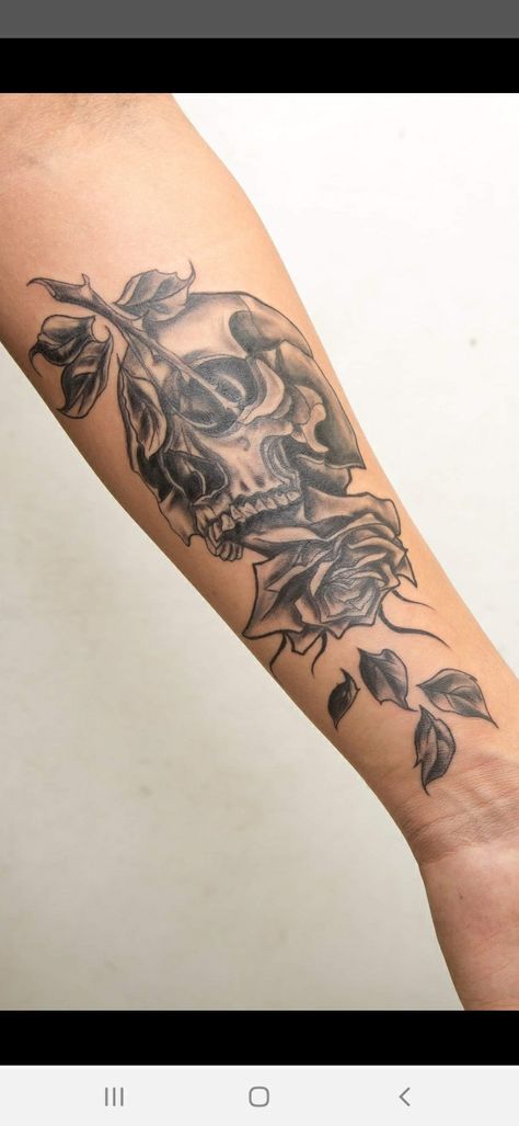 Skull And Roses Forearm Tattoo, Aesthetic Forarm Tattoos, Male Rose Tattoo Sleeve, Different Rose Tattoo Styles, Skull And Rose Tattoo For Men Forearm, Inner Forearm Tattoo Sleeve, Forearm Skull Tattoo Women, Skull Forearm Tattoos For Women, Forearm Tattoo Men Flowers