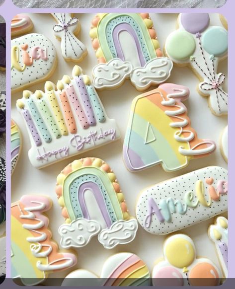 Pastel Birthday Cookies, Pastel Rainbow Cookies, Cookies Birthday, Pastel Birthday, Pastel Girl, Rainbow Cookies, Cookie Pops, Cookie Ideas, Birthday Cookies