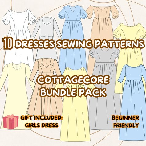 Cottagecore Dress Sewing Pattern Bundle - 10 Dress Patterns + Girls Dress Bonus | Beginner Friendly Create your own charming cottagecore wardrobe with this 10-dress sewing pattern bundle! Featuring a variety of romantic, vintage-inspired designs, this collection offers versatile and elegant options perfect for any season. The bundle includes: 10 unique cottagecore dress patterns Seam allowances included Bonus gift: Girls' dress pattern Formats: US Letter, A0 (with optional A4 and DXF available u Etsy Dress Patterns, Flowy Dress Sewing Pattern, House Dress Sewing Pattern, Plus Size Dress Sewing Patterns, Cottage Core Dress Pattern, Linen Dress Patterns, Beginner Dress Pattern, Cottagecore Dress Pattern, Cottagecore Wardrobe