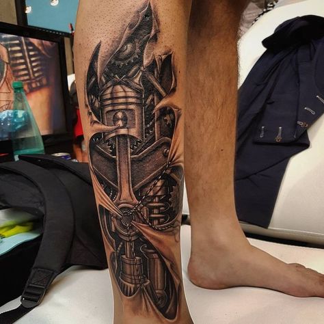 Diesel Mechanics Tattoo, Welder Tattoo, Tattoo Biomechanical, Trucker Tattoo, Piston Tattoo, Engine Tattoo, Biomechanical Tattoo Design, Tattoo Perna, Gear Tattoo