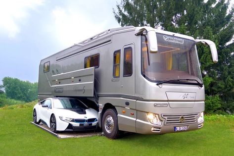 Bespoke RV hides sports car in mobile garage - Curbed Caravan Salon, Luxury Motorhomes, Tiny Trailers, Bus House, Luxury Rv, Bmw I8, Rv Living, House On Wheels, Camping Car