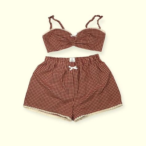 Ruthie Rust Set Gingham boxers and matching... - Depop Vintage Sets Clothes, Sewn Clothes Aesthetic, Summer Boxer Shorts, 70s Outfits Shorts, Boxer Sewing Pattern, Diy Pajama Set, Boxer Outfit Female, Boxer Short Outfits, Boxers Outfit Female