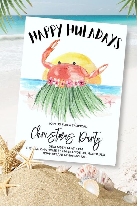 Share some holiday humor with this tropical Christmas party invitation featuring a cute watercolor crab hula dancing on the beach and a "Happy Huladays" greeting. Reverse side is an abstract painting of beach waves. Art by KL Stock Tropical Christmas Party, Painting Of Beach, Beach Christmas Party, Crabs On The Beach, Hula Dancing, Tropical Holiday, Tropical Christmas, Christmas Party Invitation, Beach Christmas