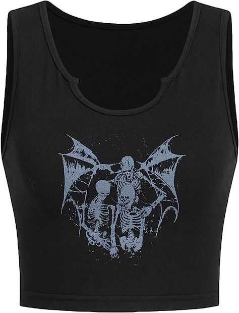 SOLY HUX Women's Skull Print Notched Neck Sleeveless Summer Crop Tank Top Black Graphic L at Amazon Women’s Clothing store Skull Crop Top, Goth Crop Top, Petite Body Types, Gothic Tops, Trendy Crop Tops, Grunge Fashion Soft, Graphic Crop Top, Black Crop Top Tank, Bleach T Shirts