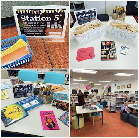 The Library Voice: We Celebrate Back-to-School In Our Library and S.T.E.A.M. Room With Lots Of Fun Stations & Events! Library Stations Elementary, Library Centers Elementary, Library Stations, Librarian Ideas, Library Center, Relaxation Station, Reading Stations, Lego Wall, Elementary Library