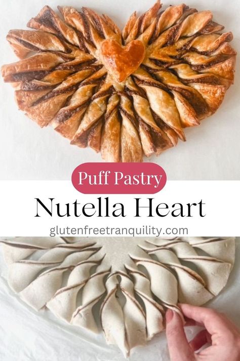 puff pastry heart on a white background. Puff Pastry Hearts Recipe, Nutella Twists, Nutella Heart, Puff Pastry Hearts, Puff Pastry Nutella, Filled Puff Pastry, Breakfast Puff Pastry, Pastry Hearts, Nutella Puff Pastry