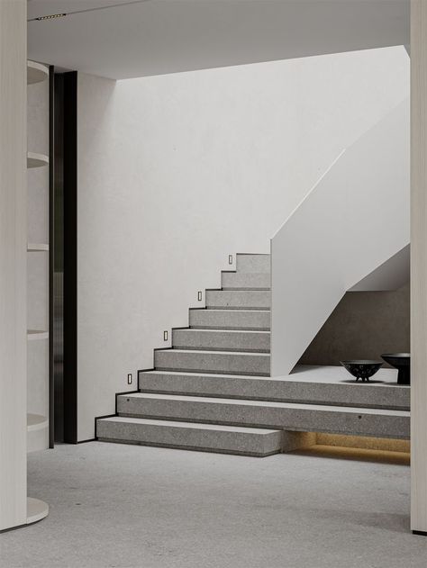 Minimal Staircase, Loft Style Interior, Concrete Staircase, Staircase Design Modern, Interior Cladding, Stairway Design, Concrete Stairs, Floating Stairs, Stair Handrail