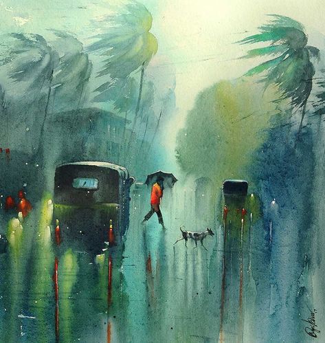 Mimicking nature is no small task, especially when it involves a moody and constantly swinging factor such as the weather. Yet, watercolour artist from Pondicherry, Nadeesh Prabou, attempts to bring to life nature’s aspects in the most realistic representations possible, through his watercolour paintings of different weather situations. Watercolor Scenery, Watercolor Paintings Nature, Watercolor City, Art Village, Scenery Paintings, Soyut Sanat Tabloları, City Painting, Walking In The Rain, Watercolor Painting Techniques