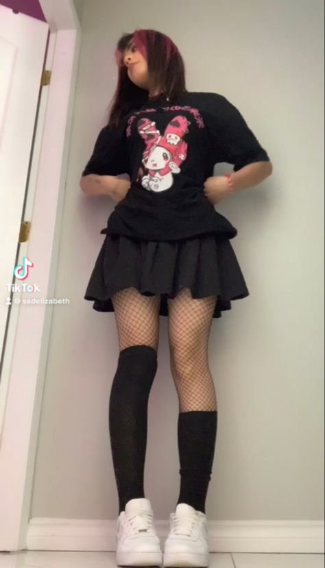 elizabethbtw on instagram! - goth alt aesthetic kawaii alternative hello kitty tennis skirt egirl depop thrift teenage dream fit indie emo y2k pink white black open rp fishnet lace cami vs Alternative Outfits With Skirt, Black Pink White Outfit, Black And Pink Emo Outfits, Cute Alt Outfits Pink, Alt Skirt Outfits Aesthetic, Pink White And Black Outfit, Kawaii Black Outfits, Alt Outfits With Skirt, Egirl Skirt Outfits Ideas