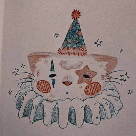 Pretty Clown Tattoo, Spooky Clown Drawing, Clown Animals Drawing, Tiny Clown Drawing, Clown Cute Drawing, Hearts Drawing Cute, Clown Hat Drawing, Clown Aesthetic Art, Clown Cat Drawing