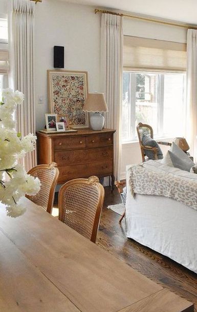 Sparse Living Room, Living Room With Back Door, Starter Home Living Room, Minimal Traditional Living Room, Cream Walls Living Room, Cherry Wood Living Room, 1940s Living Room, Minimal Traditional, Cream Walls