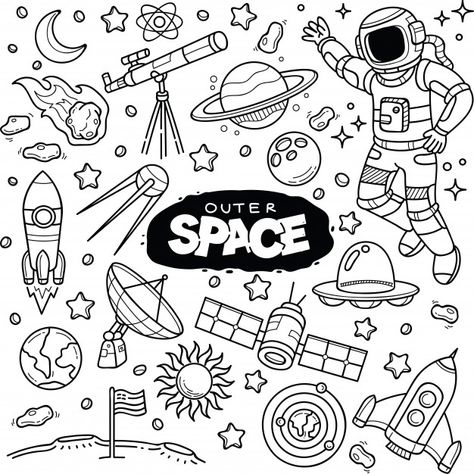 Outer space doodles Vector | Premium Download Space Cartoon Drawing, Outer Space Doodles, Doodle Space, Outer Space Drawing, Ide Scrapbook, Background School, Doodles Ideas, Space Doodles, Arte Doodle