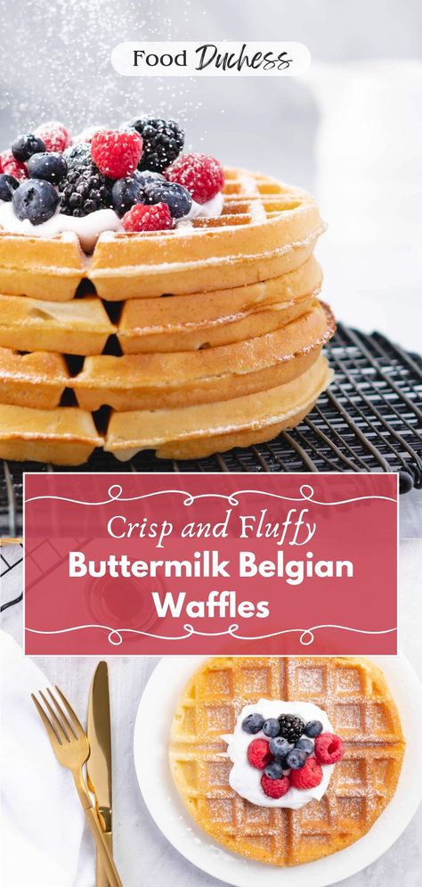 Infused with maple syrup, these Buttermilk Belgian Waffles are the perfect way to start your day! Perfectly golden brown, with a crisp exterior, these Belgian waffles still remain delectably fluffy. Their fluffy texture is owed to the whipped egg whites, which is stabilized into a French meringue with sugar, which is delicately folded into the batter. Yum! Light Fluffy Waffle Recipe, Fluffy Waffles Recipe, Homemade Belgian Waffles Recipes, Belgian Waffle Iron Recipes, Buttermilk Waffles Belgian, Waffle Recipe Buttermilk, Fluffy Belgian Waffle Recipe, Waffles Buttermilk, Fluffy Waffle Recipe