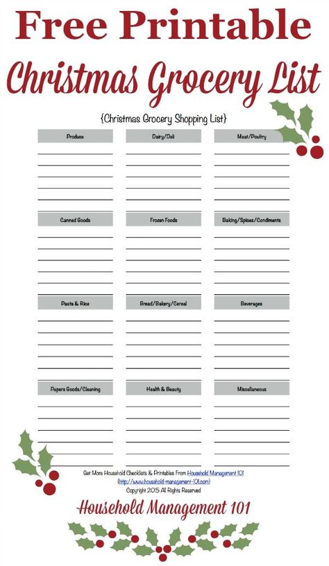 Free printable Christmas grocery list, courtesy of Household Management 101 Christmas Grocery List, Thanksgiving Grocery List Printable, Christmas Dinner Checklist, Christmas Food Shopping List, Christmas Shopping List Template, Grocery Printable, Printable Shopping List Grocery, Food Shopping List Template, Xmas Meals