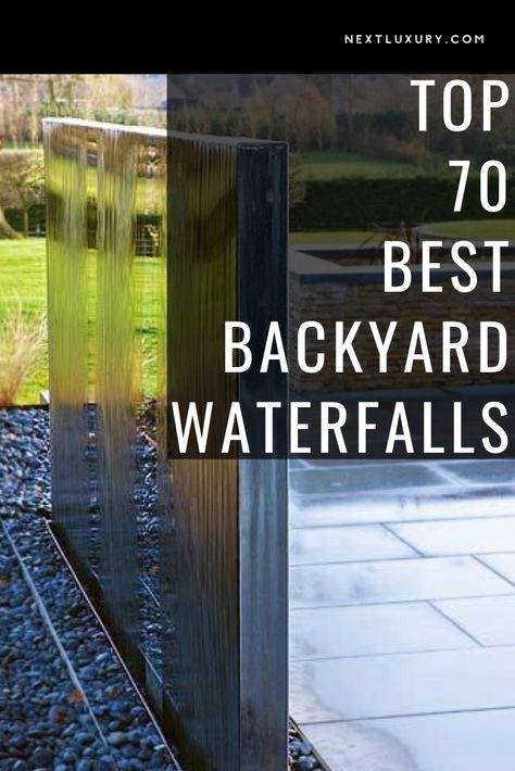 Outdoor Water Features Landscaping Fountain Ideas, Residential Water Feature, Loud Water Features For The Yard, Modern Waterfall Design, Modern Backyard Water Feature, Small Waterfall Ideas, Backyard Water Feature Ideas, Wall Waterfall Outdoor, Waterfall Architecture