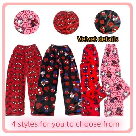 New Hello Kitty Spiderman Plush Pajama Pants Velvet Loose Sanrios Autumn Long Trousers Women Men Cartoon Sleeping, Plush Pajama Pants, Womens Flannel Pajamas, Womens Pajamas Pants, Casual Home, Cute Pajamas, Flannel Pajamas, Long Trousers, Slippers For Girls