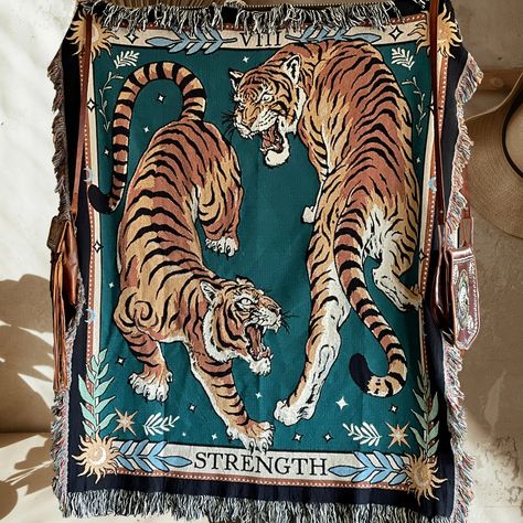 Tiger Tapestry, Tarot Tapestry, Tiger Blanket, Tapestry Aesthetic, Baby Blanket Size, Blue Morpho Butterfly, Dark Academia Decor, Card Weaving, Maximalist Decor