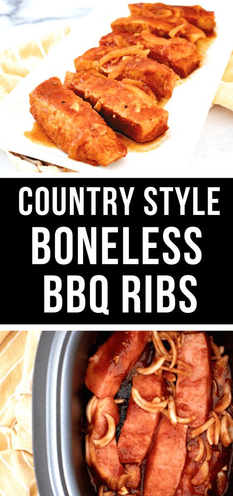 In only minutes these slow cooker boneless pork ribs are a family favorite! Tender and packed with flavor, you can’t beat this dinner! Eat now or freeze for another day! | Happy Money Saver #bbqribs #slowcooker #slowcookerbonelessribs #crockpot #freezermeal #freezerfriendly #kidfriendly Slow Cooker Boneless Pork Ribs, Boneless Bbq Ribs, Boneless Ribs Crockpot, Boneless Pork Ribs Crockpot, Boneless Ribs Recipe, Crockpot Pork Ribs, Slow Cooker Pork Ribs, Happy Money Saver, Boneless Pork Ribs