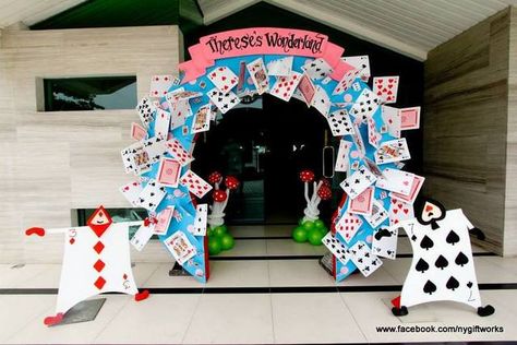 Alice in Wonderland Birthday Party Ideas | Photo 3 of 56 | Catch My Party Alice In Wonderland Party Entrance, Alice In Wonderland Arch, Card Soldiers, Entrance Idea, School Gate, Wonderland Sweet 16, Alice In Wonderland Birthday Party, Wonderland Birthday Party, Alice In Wonderland Diy