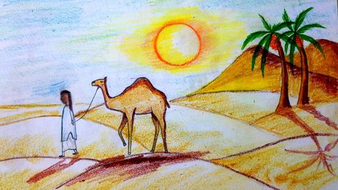 #scenerydrawing #arabiandesert #howtodraw Drawing Easy For Kids, Animal Composition, Desert Drawing, Village Drawing, Blackboard Drawing, Desert Scenery, Beginner Drawing, Fruit Art Drawings, Arabian Desert