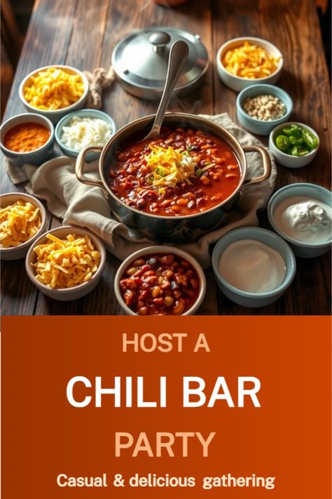 chili bar party ideas Chili Bar Party Winter, Chilli Bar Ideas, Chili Fixings Bar, Christmas Chili Bar, Chili Buffet Bar, Chili Toppings Bar Ideas, Chilli Bar Ideas Parties, Chili Cookoff Ideas Decorations, Chili Party Ideas