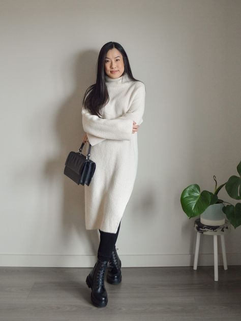 Winter Knit Dress Outfit, Leggings And Sweater Dress Outfit, Sweater Dress Outfit Winter 2023, Wear Sweater Over Dress, Boots And Long Dress, Long Cream Sweater Outfit, Long Sweater With Leggings Outfit, White Knitted Dress Outfit Winter, Long White Sweater Dress Outfit