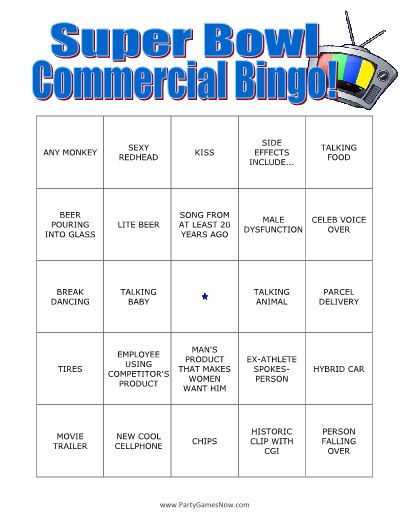 Super Bowl Commercial Bingo Superbowl Commercial Bingo, Super Bowl Commercial Bingo, Super Bowl Games, Super Bowl Party Games, Super Bowl Squares, Beer Song, Super Bowl Bingo, Superbowl Squares, Superbowl Party Games