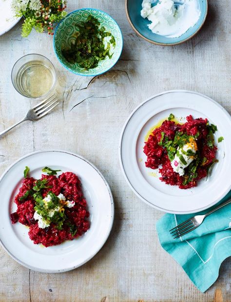 Beetroot and goats' cheese risotto recipe | Sainsbury's Magazine Risotto Recipes Cheese, Beetroot Risotto, Kitchari Recipe, Cheese Risotto, Risotto Recipe, Ras El Hanout, Risotto Recipes, Vegetarian Breakfast, Easy Vegetarian