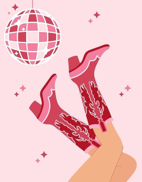 Girlie Pink Aesthetic, Groovy Cowboy Aesthetic, Cowgirl Boots Painting Canvas, Cowgirl Aethstetic, Pink Cowgirl Painting, Pink Cowboy Boots Wallpaper, Disco Cowgirl Painting, Country Pink Aesthetic, Disco Cowgirl Illustration