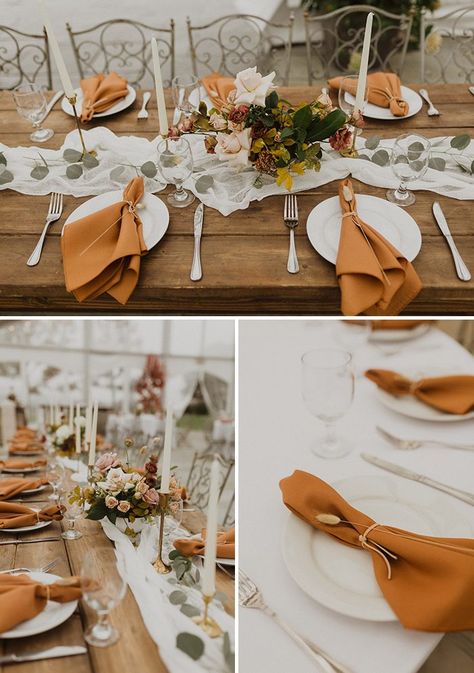 Muted oranges and blush pair beautifully with earthy details for fall wedding decor | Image by Alex Mari Photography Cozy Fall Wedding, Orange Wedding Decorations, Fall Wedding Ceremony, Fall Wedding Tables, Fall Wedding Ideas, Burnt Orange Weddings, Bay Wedding, Fall Weddings, Fall Wedding Decorations