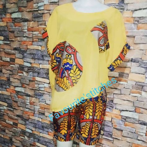 💃💃beautiful short ankara knicker and top🔥🔥🔥 💯✂️✂️✂️cut and sew #short #knicker #ankara #short ankara knicker and chiffon top with Ankara patches #made with love Ankara Short, Patch Top, Beautiful Shorts, Chiffon Top, Made With Love, Chiffon Tops, Ankara, With Love, Cover Up