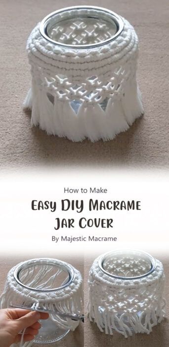 Macrame Jar Cover Diy Tutorial, Macrame Jars Diy, Macrame Jar Cover Diy, Macrame Pot Cover, Macrame Jar Cover, Macrame Jars, Diy Macrame Projects, Easy Diy Macrame, Crochet Jar Covers