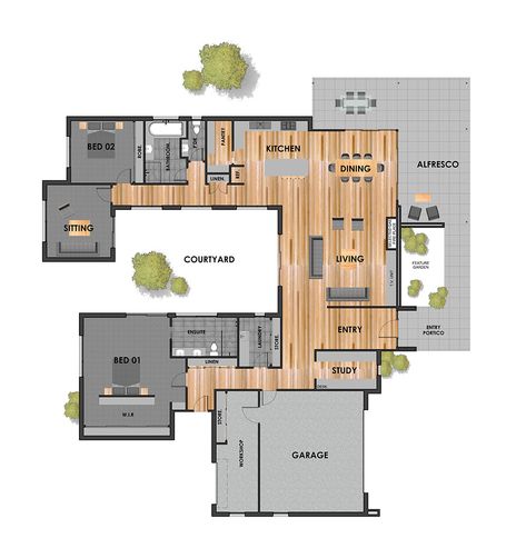 Ocean Grove 1 - Palm Springs House Plans, U Shaped House Plans Courtyards, U Shaped House Plans, U Shaped Houses, Beach House Floor Plans, Shaped House, Dream Villa, Modern House Floor Plans, Ocean Grove