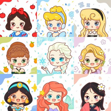 Disney Chibi Characters, Chibi Disney Princess, Kawaii Disney Princess, Princess Doodle, Disney Princess Stickers, Disney Chibi, Chibi Disney, Disney Doodles, Princesas Disney Anime